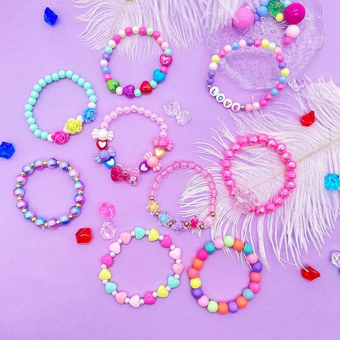9 PCS Cute Kids Bracelets for Girls Pink LOVE Beaded Bracelets Little Girls Costume Jewelry Princess Party Favors Pretend Play Birthday Easter Christmas Valentines Toddler Jewelry