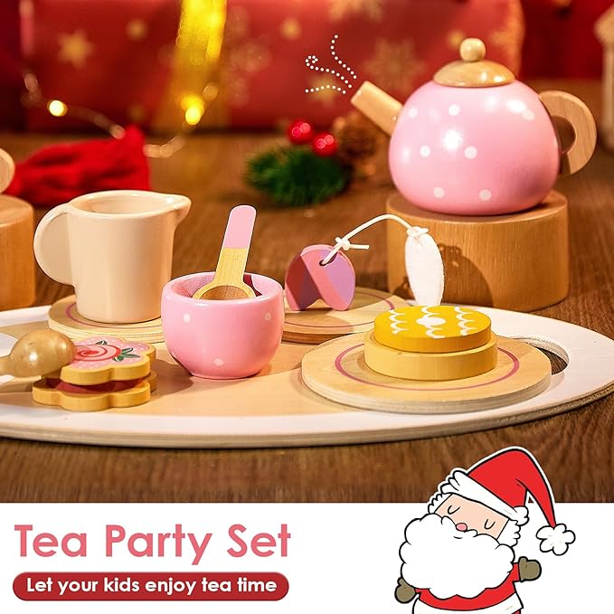 BUYGER Pretend Play Princess Tea Party Set for 3 4 5 6 + Year Old Wooden Kitchen Play Food Accessories Sets Gifts for Toddler Little Girls Boys Age 3-5
