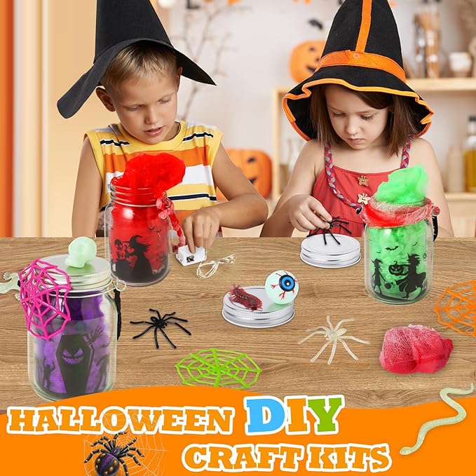 Halloween Crafts Activities For Kids Ages 4-12,6 Pack Glass Mason Jar for School Halloween Art Activities,Halloween Craft Supplies,DIY Lantern Jar for Gifts Halloween Party Favors,Classroom Prizes