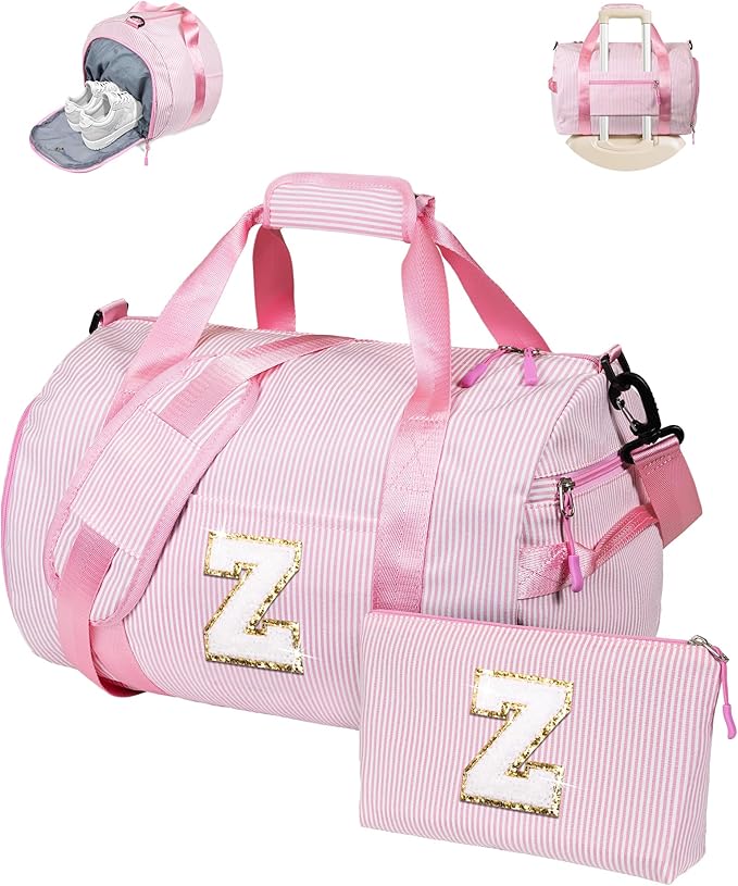 Birthday Gift for Daughter, Girls Travel Duffle Bag, Kids Initial Overnight Bags with Shoe Compartment, Personalized Weekender Bag with Makeup Pouch, Preppy Things for Teen Girl (Letter Z)