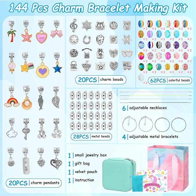 Charm Bracelet Making Kit for Girls, Kids Charm Bracelet Making Kit with Jewelry Gift Box for Girls Sister, Necklace Arts Crafts Teen Girl Personalized Gifts for Birthday Holiday Valentines
