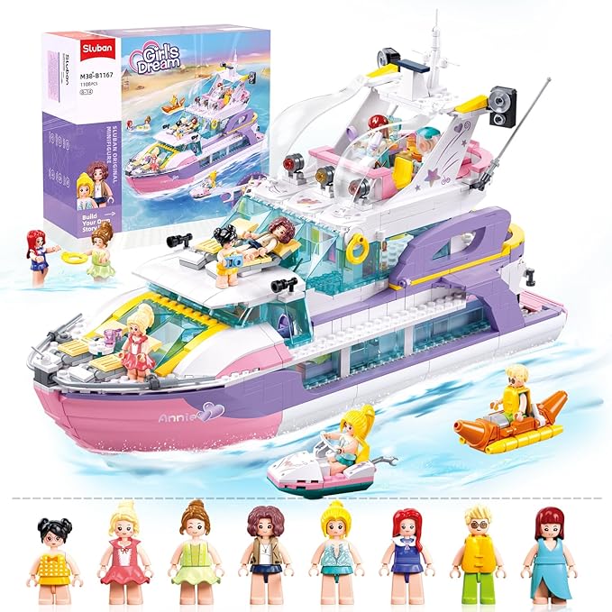 Friends Pink Yacht for Girls 8-12, Cruise Ship Building Toys with 8 Minifigures & 2 Boats, Compatible with Lego Friends Girls Ship, Gifts for Kids Girls Ages 8+, 1108 PCS