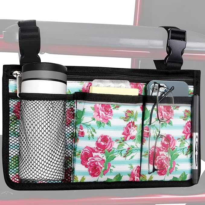 Wheelchair Side Bag, Upgrade Flower Color Wheelchair Armrest Storage Pouch with Cup Holder and Reflective Strip Made with Waterproof Fabric, for Most Wheelchairs, Walkers and Rollators (White Floral)