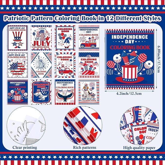 Fulmoon 48 Pcs 4th of July Coloring Books School Activity Supplies Art Creativity Assorted Independence Day Memorial Day Party Favors, DIY Patriotic Color Booklets Gifts for Boys and Girls