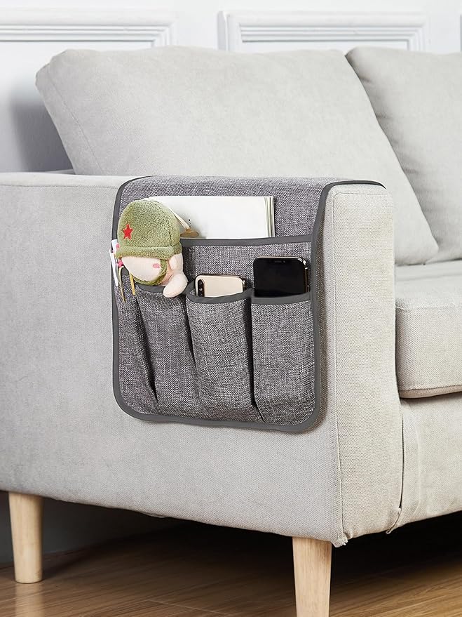 FLYILY Sofa Armrest Organizer Non-Slip Arm Chair Hanging Caddy Remote Control Holder for Magazine,Tablet, Phone, Books, Glasses(LightGrey,13in)