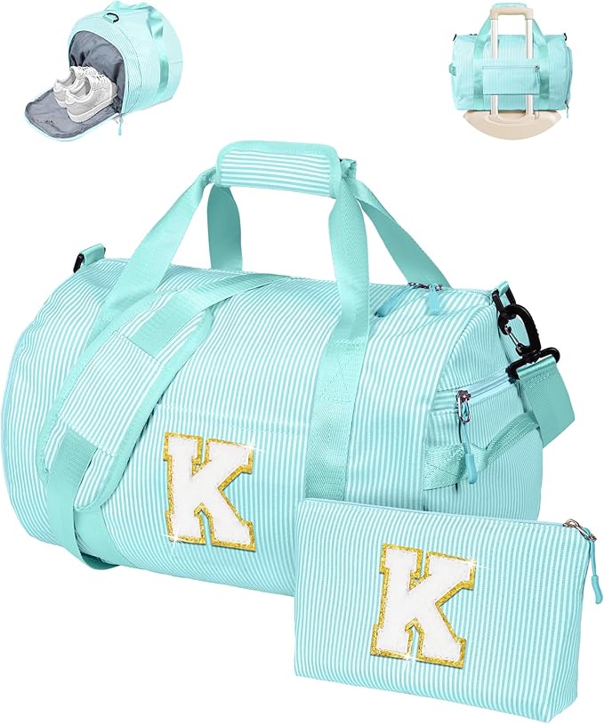 Daughter Birthday Gift, Girls Travel Duffle Bag, Kids Initial Overnight Bags with Shoe Compartment, Personalized Weekend Bag with Cosmetic Pouch, Teen Girl Gifts Trendy Stuff (Letter K)