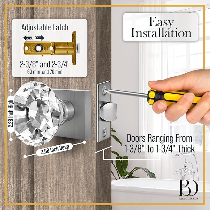 Silver Crystal Door Knob, Square Base, Glass Door Knobs Interior Non-Locking Set, Antique Decorative Vintage Style for Hallway, Closet, Passage Doors, 1 Pack