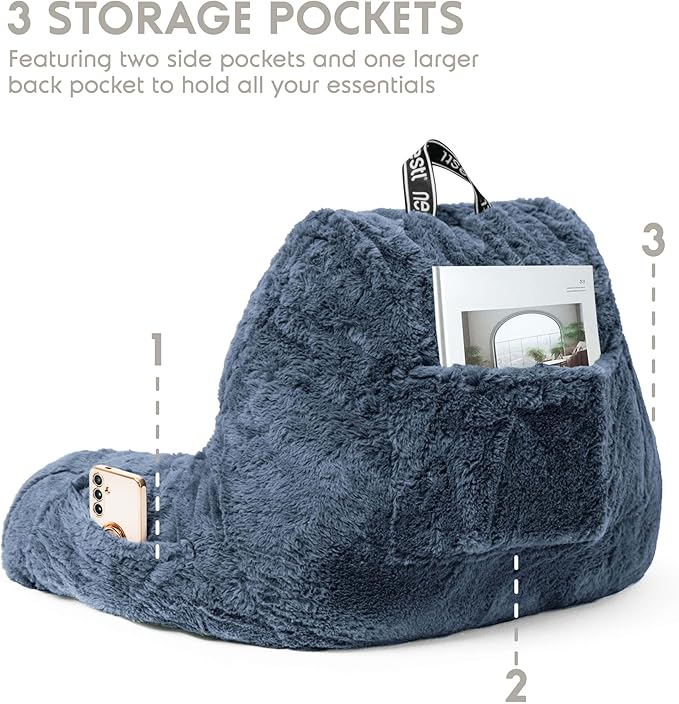 Nestl Fur Reading Pillow, Stylish Back Pillow for Bed Sitting Up, Faux Fur Bed Chair Pillow with Arms, Reading Pillows for Sitting in Bed Adult & Kids, Sit Up Back Support Pillow for Bed Rest - Blue