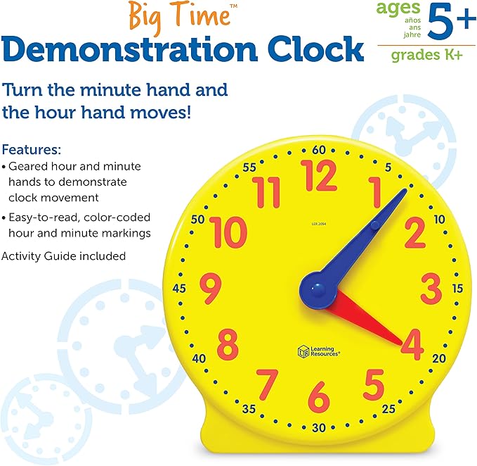 Learning Resources Big Time Learning Clock, Analog Clock, Homeschool, 12 Hour, Basic Math Development, Ages 5+