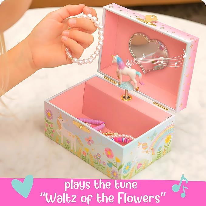 Floral Unicorn Jewelry Box - Unicorn Toys for Girls Age 4-6 - Kids Jewelry Box with Spinning Unicorn - 6 x 4.7 x 3.5 in