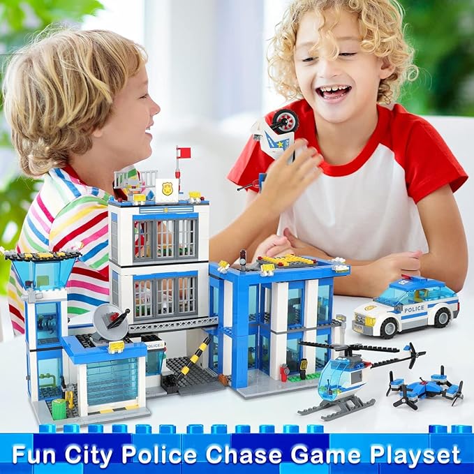 City Police Station Building Blocks Sets, City Police Prison Kits with Police Car, Helicopter Motorcycle, Trailer and Drone, Toy Building Kit Gift for Kids Boys Ages 6-12 (1001 Pieces)