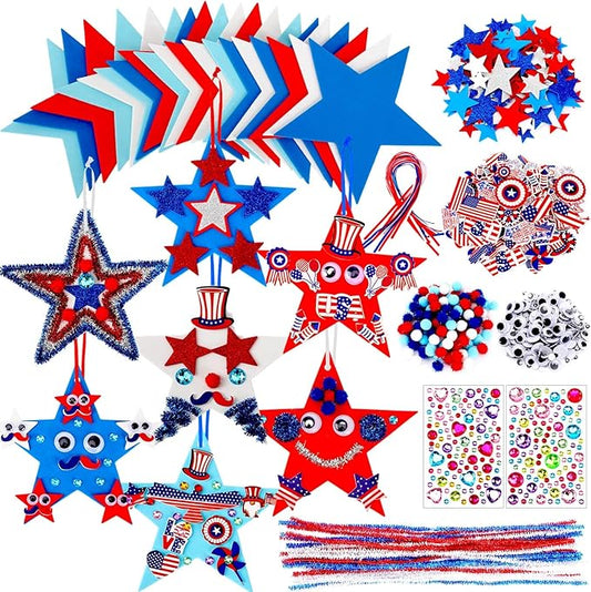 JULBEAR 418pcs 4th of July Star Foam Craft, Patriotic Self-Adhesive Glitter Foam Stickers Crafts Kit for Independence Day Patriotic Party Favors Kids Classroom Activity Decorations Supplies
