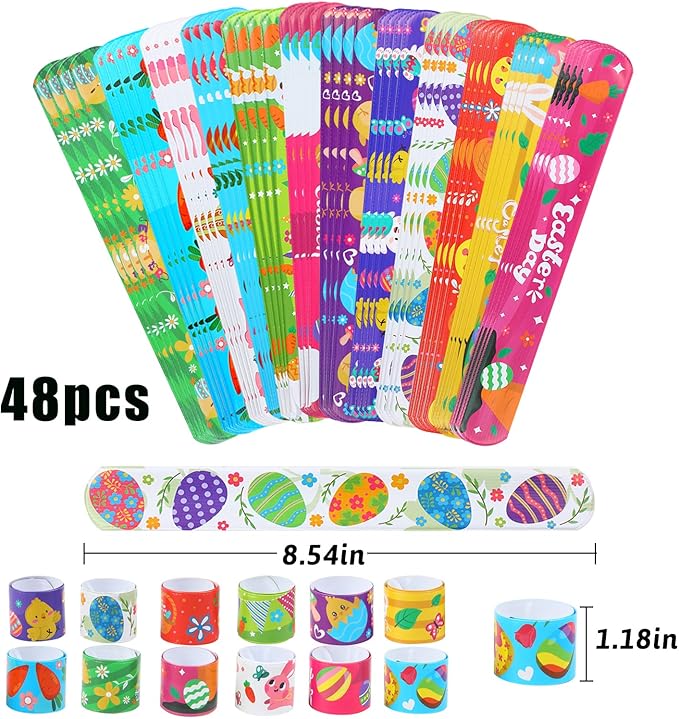 FOIMAS 48pcs Easter Slap Bracelets,Egg Bunny Chick Snap Bracelet Wristband for Easter Egg Filler Basket Stuffer Party Favor Supply