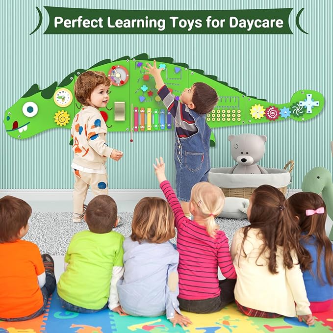 Activity Wall Panels for Kids: Dinosaur Sensory Wall Board for 3+ Years with 10 Activities - Wooden Decor for Toddler Playrooms Bedrooms Daycares