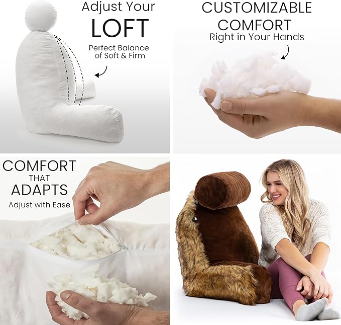 Husband Pillow Medium Limited Baby Brown Bear Fabulous Faux Fur Backrest, 2-Tone Reversible Double Sided Reading & Bed Rest Pillow with Arms & Neck Roll, Adjustable Memory Foam - Extremely Comfy