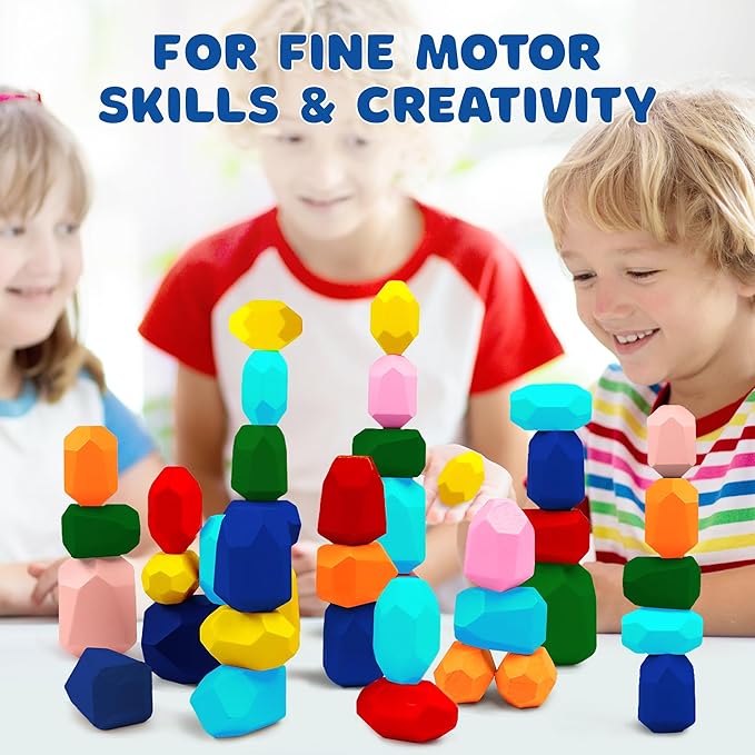 Giggle & Play - 40 Pcs Wooden Stacking Stones Set, Montessori Toys for 3+ Year Old, Stacking Blocks for Fine Motor Skills & Creativity, Multicolor Playset for Toddlers & Kids, Free Storage Bag