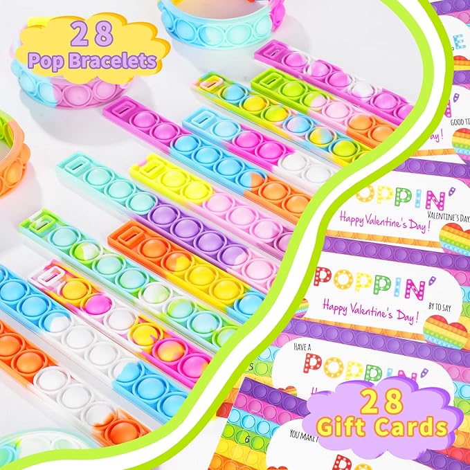 28 Packs Valentines Day Gift Cards with Pop Fidget Bracelets Toy for Kids, Stress Relief Sensory Toy for School Classroom Valentine’s Exchange Greeting Cards, Boys Girls Party Favors