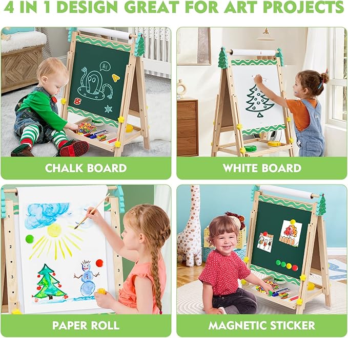 Kids Easel with Paper Roll Wooden Art Easel with Chalkboard & White Board Painting Accessories Storage Tray Double-Sided Board Height Adjustable