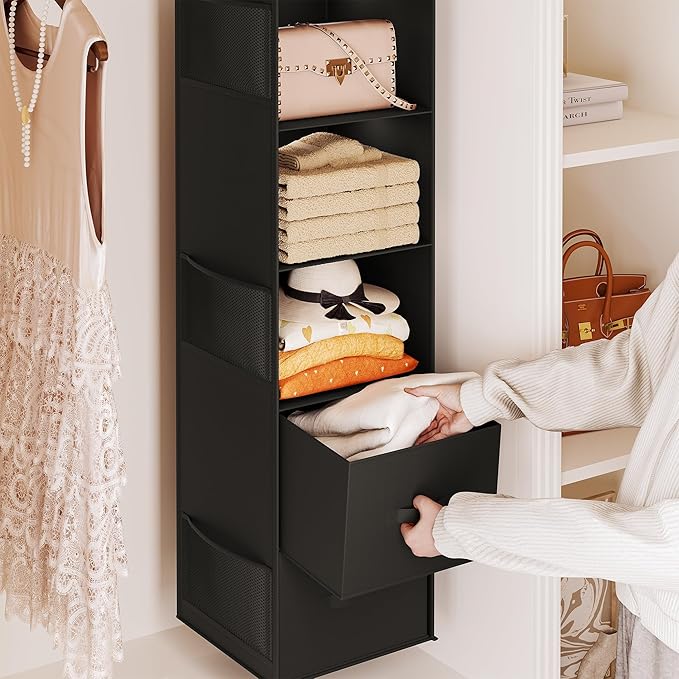 YOUDENOVA Hanging Closet Organizer, 5 Tier Hanging Closet Shelves with Drawers and 6 Side Pockets, Black