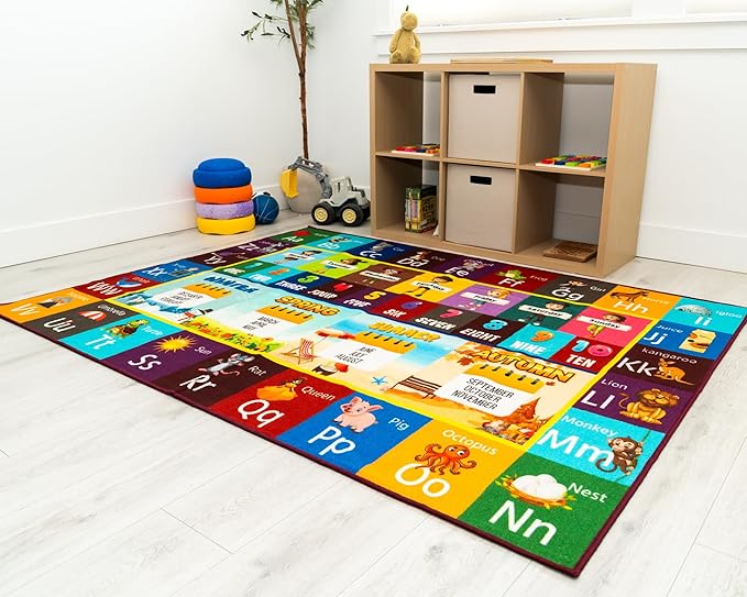 Educational Rug – Non-Slip ABC Carpet for Kids Room – 55" x 39" Soft Alphabet Kids Rug for Playroom, Daycare, Preschool, Classroom, Play Mat – Childrens ABC Mat with Letters Numbers Animals Months