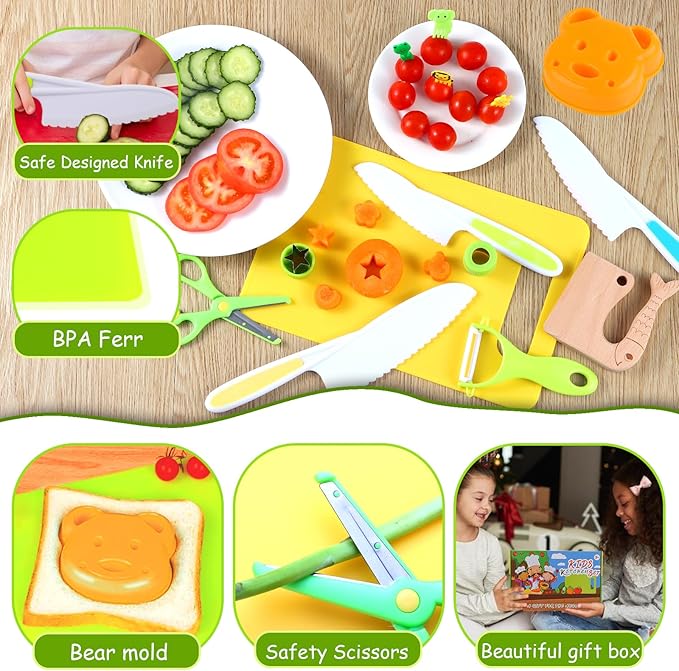 Kids Montessori Cooking Kitchen Toys and Toddler Knife Set - 30Pcs Kids Knifes for Real Cooking and Baking Accessories ,Toddlers Kitchen Tools Ages 3-10 Kids Birthday (30 PCS)