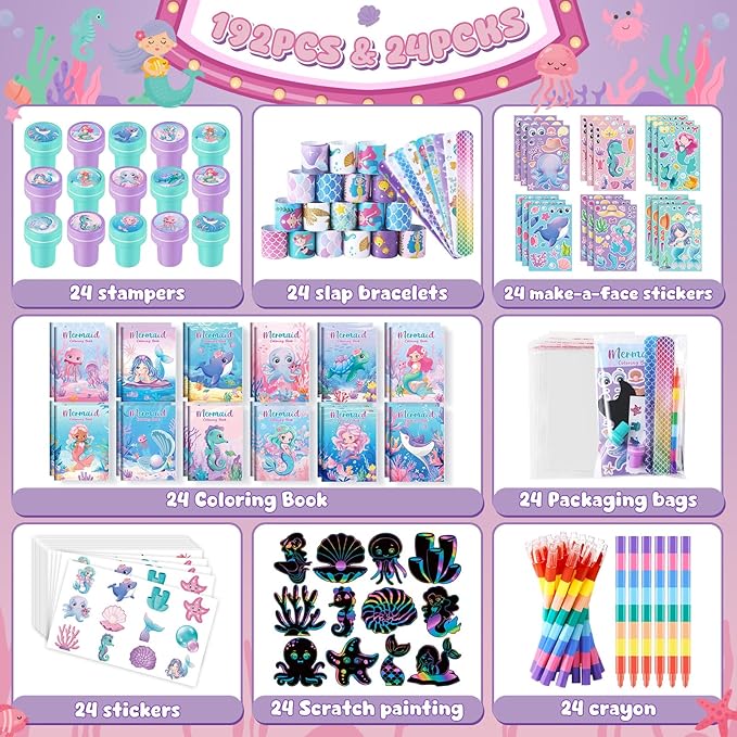 BenLouis 192Pcs Mermaid Party Favors Little Mermaid Coloring Books Crayon Stickers Set Bulk for Kids Mermaid Birthday Decor Baby Shower Candy Goodie Bag Stuffer Classroom Rewards Pinata Supplies