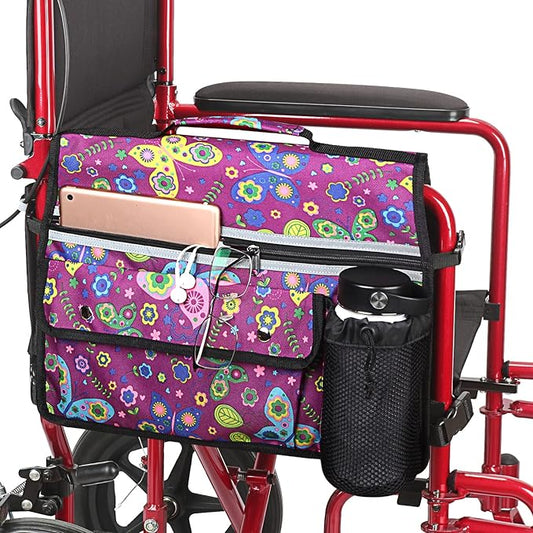 Wheelchair Storage Bag, Double-Sided Armrest Pouch with Cup Holder and Reflective Strip, for Wheelchairs and Walkers (Purple Butterfly)