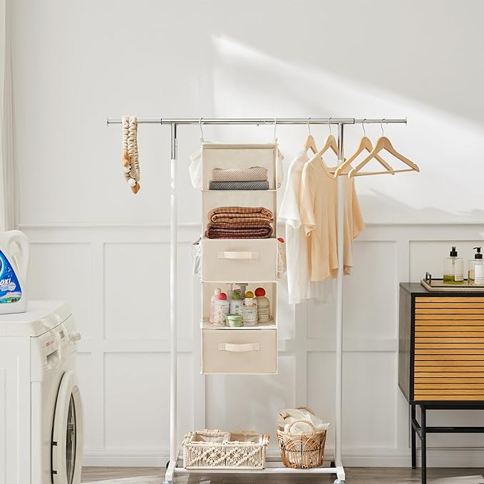 MAX Houser 5 Tier Shelf Hanging Closet Organizer, Cloth Hanging Shelf with 2 Sturdy Hooks for Storage, Foldable (Beige-D2)