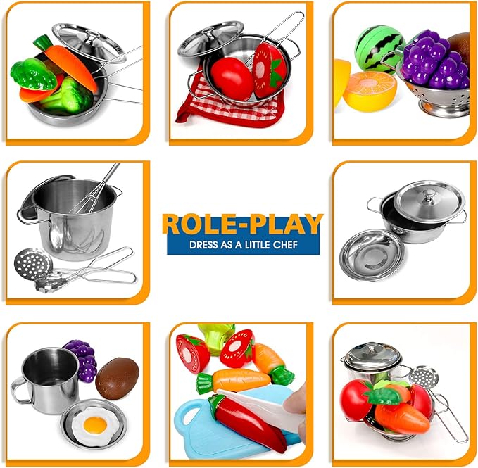 28Pcs Pretend Play Kitchen Toys, Kitchen Playset Cooking Toys Set with Stainless Steel Cookware and Accessories for Kids Toddlers Girls Boys