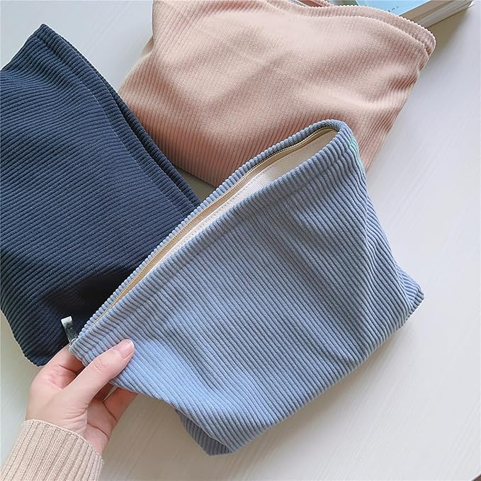 HAPPYHEIDI Large Corduroy Makeup Bag with Compartment Cosmetic Toiletry Travel Accessory Pouch Purse Organizer, Soft Misty Blue