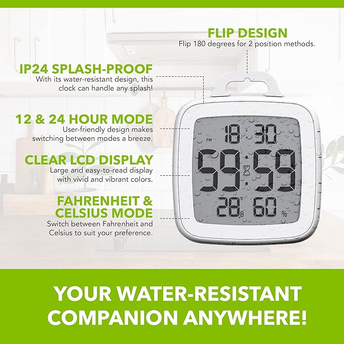 BALDR Digital Bathroom Clock with Timer - Waterproof Shower Clock with Time and Temperature - Waterproof Shower Timer for Kids and Adults - Bathroom Timer, Digital Shower Clocks for Bathroom