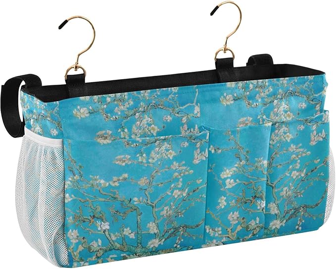 Bedside Caddy for Dorm Bed Bedside Hanging Caddy Bag Iron Frame Storage Organizer Pocket for Bunk Home College Hospital Beds 2 Hooks