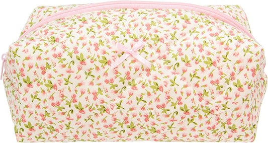 Cozy Makeup Bag Travel Cosmetic Bag for Women Soft Toiletry Bag Aesthetic Makeup Organizer Portable Large Zipper Pouch for Skincare Beauty Accessories Brushes Floral Pink