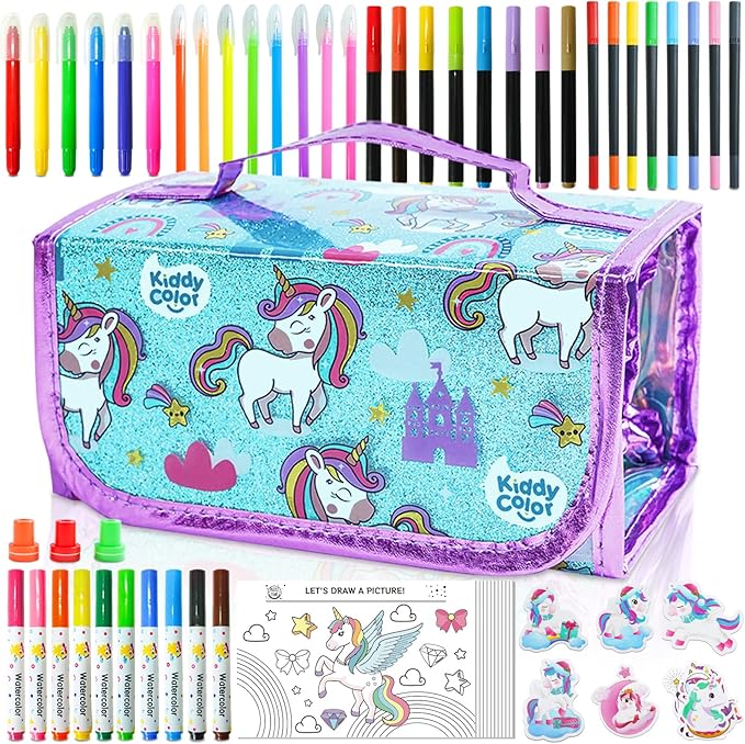 KIDDYCOLOR Unicorn Washable Markers Set 69 pcs with Glitter Pencil Case - Arts and Crafts Coloring Kit for Kids Ages 4-8, Includes Unicorn Stickers - Perfect Gifts for Girls