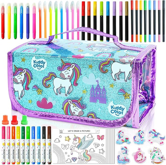 KIDDYCOLOR Unicorn Washable Markers Set 69 pcs with Glitter Pencil Case - Arts and Crafts Coloring Kit for Kids Ages 4-8, Includes Unicorn Stickers - Perfect Gifts for Girls