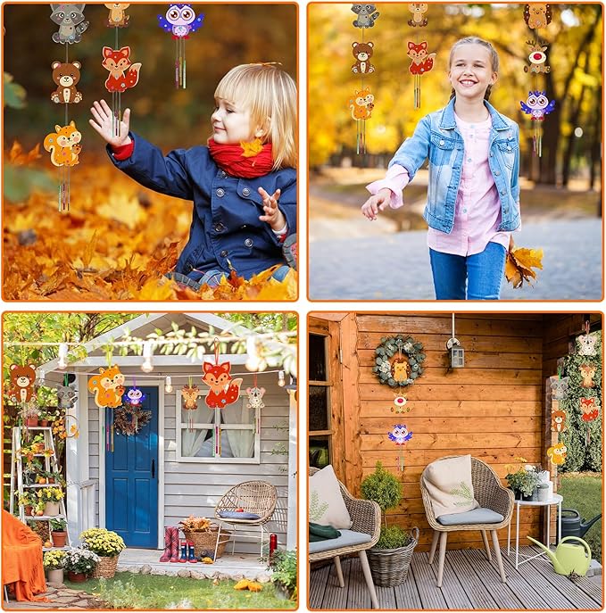 9 Pack Wind Chime Kit for Kids,Fall Craft Kits Autumn Animals Wind Chime Decorative Wooden Hanging Ornaments DIY Painting Craft for Boys Girls Thanksgiving Halloween Party Supplies