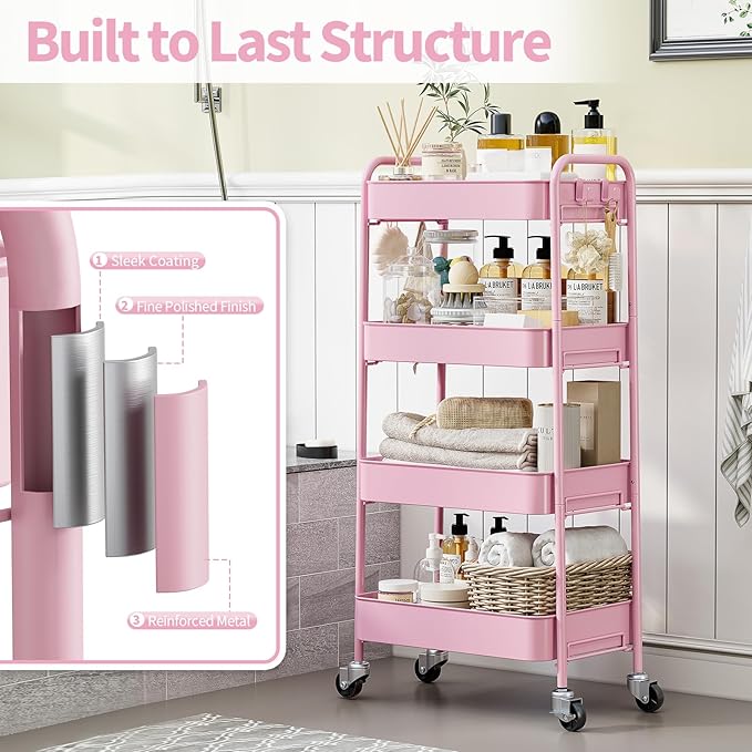 TOOLF 4-Tier Metal Rolling Cart with Wheels, Storage Utility Organizer Cart for Kitchen, Bathroom, Office, Baby Essentials & Makeup - Lockable Casters, Easy Assembly, Large Capacity, Pink