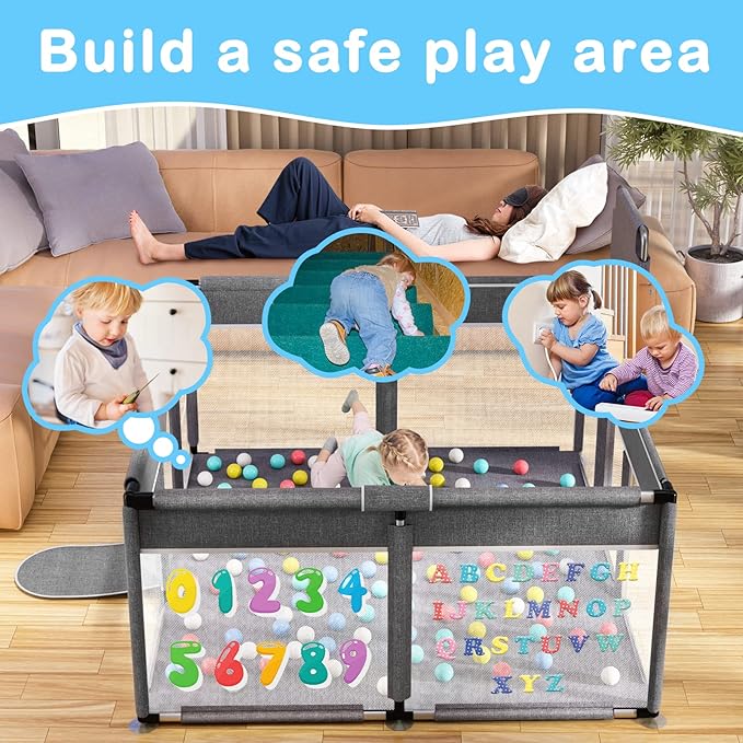Baby Playpen with Play Mat, 71x51 Extra Large Playpen with Gate, Indoor & Outdoor Baby Fence, Anti-Fall PlayYard for Babies and Toddlers, Kids, Children's