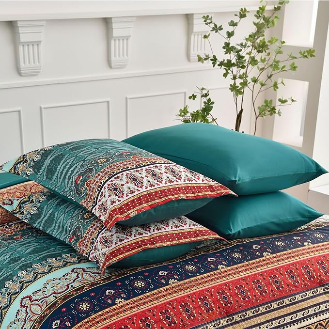 Cottolester Boho Queen Size Comforter Set 8 Pieces,Green and Brown Bohemian Striped Bed in a Bag,Floral Soft Microfiber Bedding Comforter Set