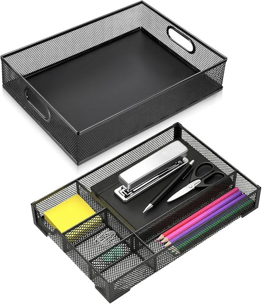 2 Pack Desk Drawer Organizer, Metal Mesh Drawer Organizer Tray for Office Home Supplies