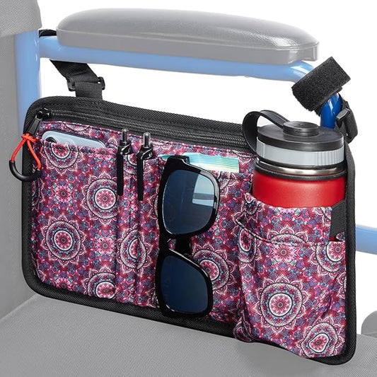 JOYTUTUS Walker Side Bag, Wheelchair Armrest Storage Pouch with Cup Holder, Wheelchair Accessories for Seniors, Walker Bag Cup Holder for Walker, Rollator, Electric Scooter or Wheelchair Red