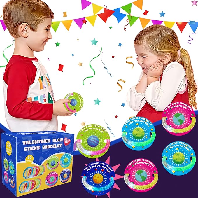 28 Pack Valentines Day Gifts for Kids，Valentine Glow Sticks Bracelet with Valentine's Day Gift Cards for Valentine Light Up Toy Valentines Day Gifts for kids School Classroom Party Favors Supplies