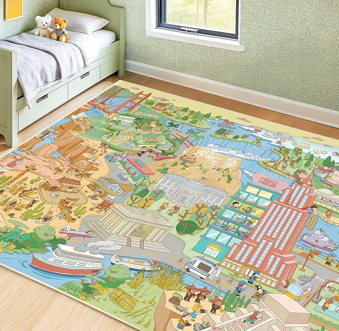 Large 8x10 Kids Rug – North America Geography Carpet with Landmarks, Wildlife & U.S. Presidents – Giant Educational Play Mat for Homeschool, Daycare, Classroom, or Pretend Play Area