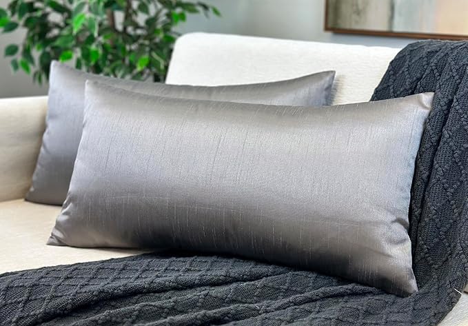 Aiking Home 12x24 Inches Faux Silk Rectangular Throw Pillow Cover, Zipper Closure, Charcoal (Set of 2)