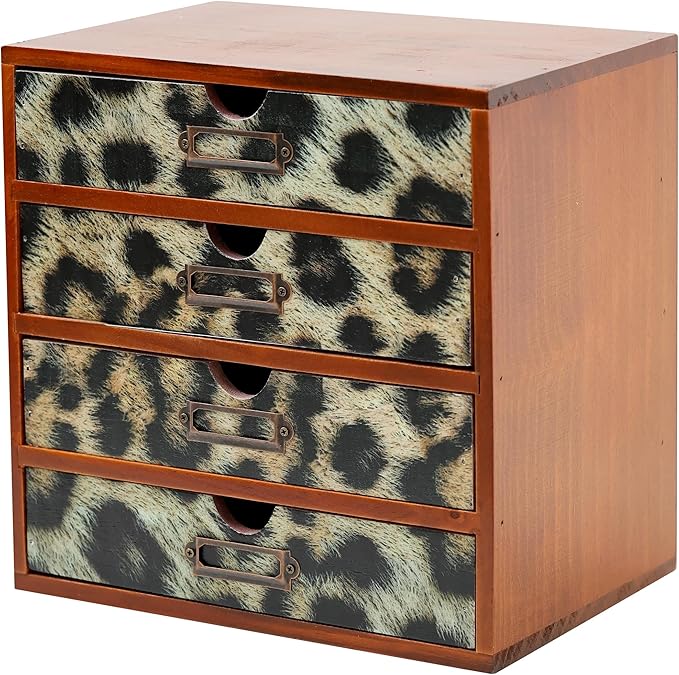 Classic Leopard Print Wooden Desk Organizer - 4-Drawer Desktop Storage - Rustic Wood Cabinet for Office Supplies, Craft Tools, & Home Organization - Luxurious Drawer Unit