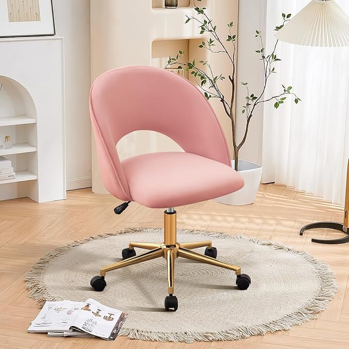Furniliving Pink Vanity Chair, Cute Desk Chairs for Girls with Back, Rolling Upholstered Accent Chair for Living Room/Makeup Room/Bedroom, Pink