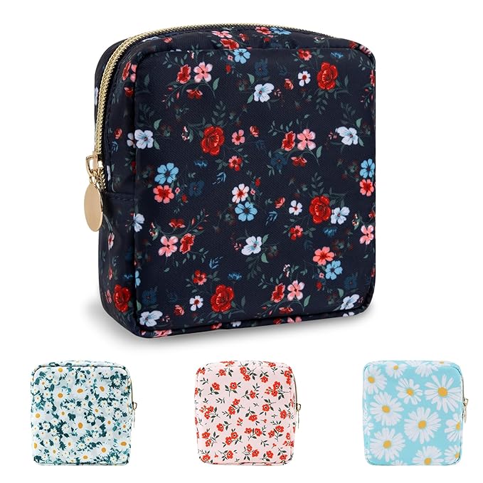 UIXIZQ Waterproof Mini Floral Makeup Bag Pouch for Purse,Nylon Flower Cosmetic Travel Bag Small Preppy Toiletry Organizers Bag for Women Girl,Cute Zipper Pouch Coin Purse for Work(Mini Black-Flowers)