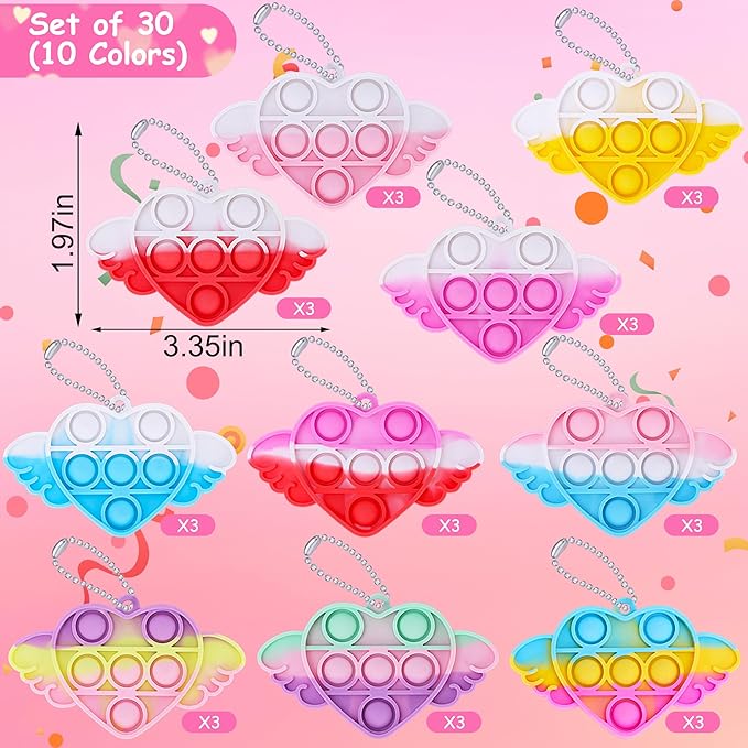 30 Pcs Valentines Day Gifts for Kids Heart Pop It Fidget Keychain Toys with Valentine's Cards for Classroom Exchange, Party Favors, Goody Bag Fillers, and Valentine's Day Party Supplies