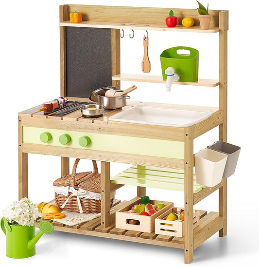 Giant bean Mud Kitchen Playset for Kids, Deluxe Wooden Toy Play Kitchen Set for Boys and Girls Ages 3-8 Indoor & Outdoor Activities, with Sand and Water Sink, Cookware Pots