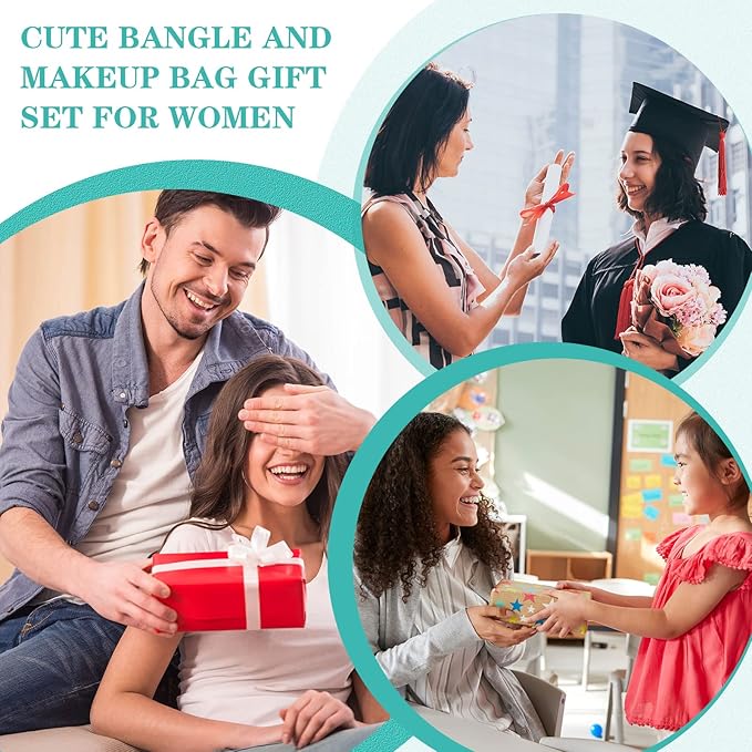 8 Pcs Teacher Appreciation Gift Set for Women, 4 Teacher Makeup Pouch Cosmetic Bags and 4 Bangle Bracelets, Christmas Valentines Thank You Gifts for Teacher (Teacher Survival Kit)